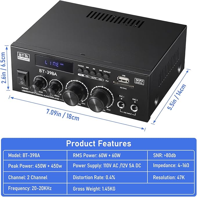 Facmogu BT-398A Stereo Digital Audio Amplifier, Max 450Wx2 HiFi Sound Audio Power Amplifier System, 2.0 Channel Receiver Amp for Home Theater Garage w/Fiber/Copper Jack, USB/SD/AUX/RCA/MIC in w/Echo