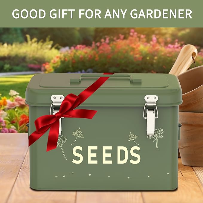 Orionstar Seed Storage Organizer, Metal Seed Saving Box with Lid, Seed Bin with 30 Plant Labels 30 Seed Envelopes 1 Marker Pens, 3 Compartments Box with Safety Locks, Tall Green