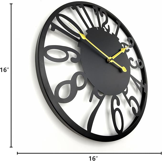 16 Inch Large Outdoor Clock, Silent Battery Operated Modern Wall Clock, Black Metal Decorative Clock for Patio, Porch, Pool Area, Farmhouse, Living Room