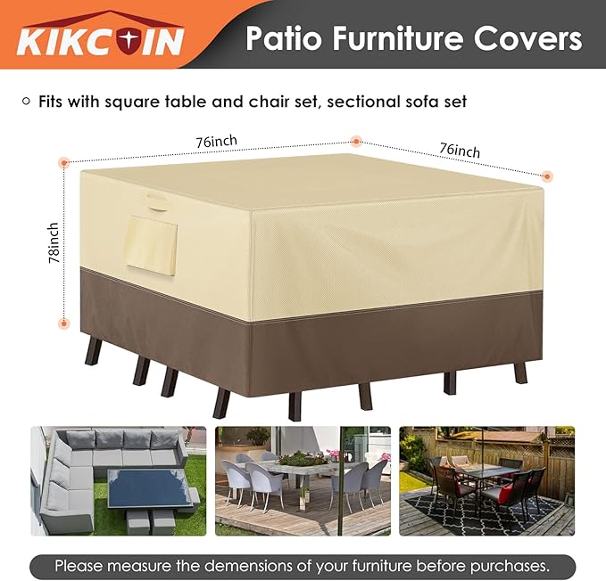 Patio Furniture Covers Waterproof for Dining Table and Chairs, Square Outdoor Furniture Set Cover, Anti-Fade, Tear/Water Resistant Patio Furniture Set Covers, 76"L x 76"W x 28"H