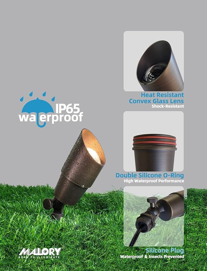 MALORY Brass Landscape Spotlight 10-Pack with Bulb(S01), Low Voltage 12V AC/DC LED Outdoor Landscape Lighting,PVC Ground Stake and Wire Connector Included, Garden Patio Trees Spot Uplight