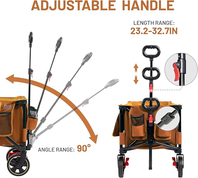 Timber Ridge 51.2'' Extended Collapsible Wagon Cart with Brakes and Cargo Net, 500LBS Heavy Duty Foldable Utility Wagon with Adjustable Handle, 400L Capacity Portable Cart for Camping Sports, Orange