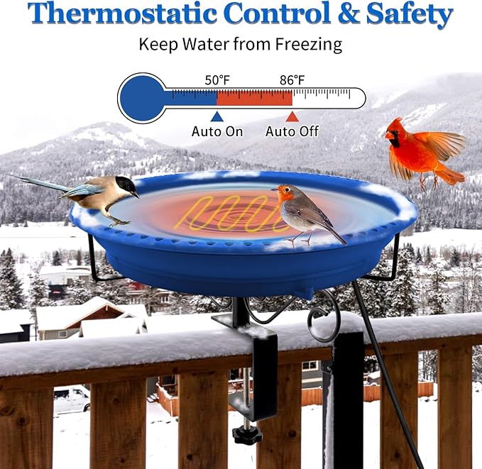 Lovppy Heated Bird Baths for Outdoors for Winter, 100W Heated Bird Bath Water Heater with Thermostatically Controlled, Heated Bird Bath for Deck Railing Outside Garden Patio Yard (Blue)