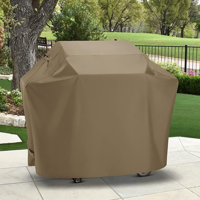 SunPatio Grill Cover 55 Inch for Outdoor Grill, Heavy Duty BBQ Cover with Waterproof Sealed Seam, FadeStop Material, All Weather Resistant Compatible for Weber CharBroil Nexgrill and More, Taupe