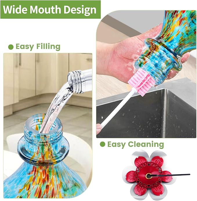 Hummingbird Feeder, BOLITE Glass Hummingbird Feeders for Outdoors Hanging, Hand Blown Twisted with Ant Moat and Five Feeding Ports, 24 Ounces, Leak Proof, Blue, Gifts for Women Men, Gifts for Mom Dad