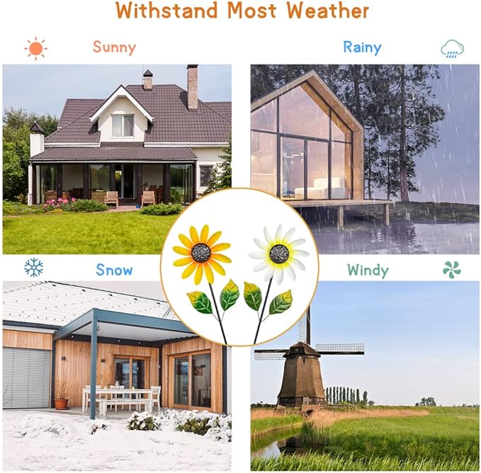 2Pack Garden Wind Spinners,Metal Wind Sculptures Outdoor Windmill Flower Pinwheel Decorations for Yard Lawn Patio Decor(Yellow and White)