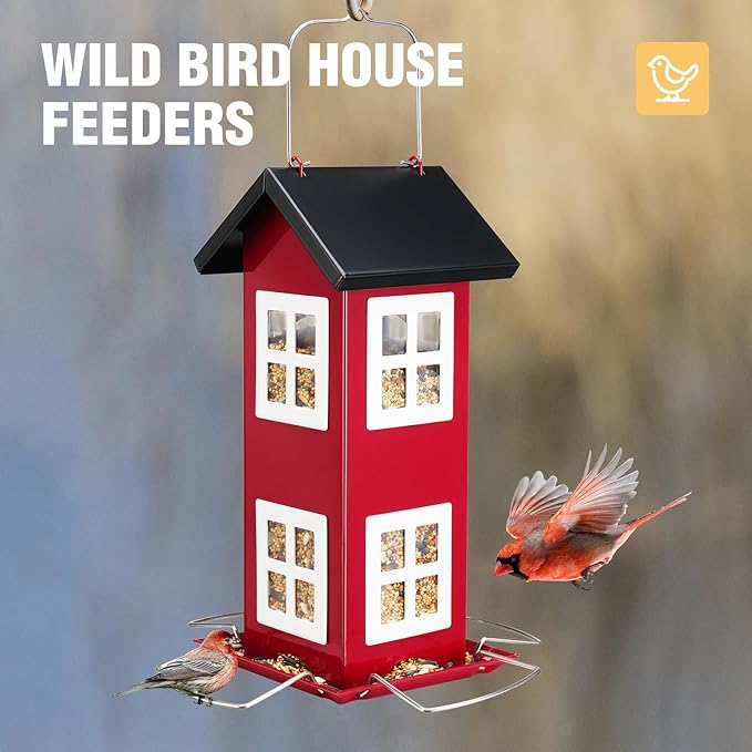 Veehoo Bird House Feeders for Outdoors Hanging-Metal Wild Bird House Feeders with 4 Ports, Country House Design, Garden Yard Decor Hanging Bird Feeder for Outside, Large Capacity, Red