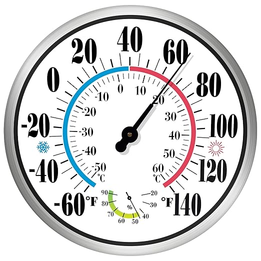12'' Indoor Outdoor Thermometer Hygrometer - Premium Steel Outdoor Thermometer Large Numbers, Hanging Wall Thermometer Hygrometer for Home, Garden, Patio (No Battery Required)