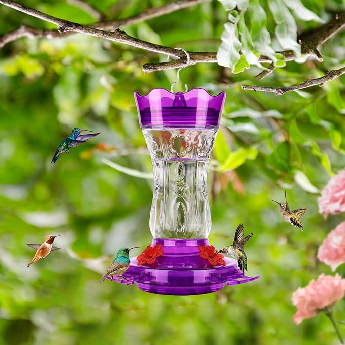 2 Pack Hummingbird Feeders for Outdoors, Built-in Ant Moat & Leakproof, XAROO Glass Hummingbird Feeder with 4 Bee Guard Feeding Ports, Outdoor Garden Décor, 15OZ, Purple