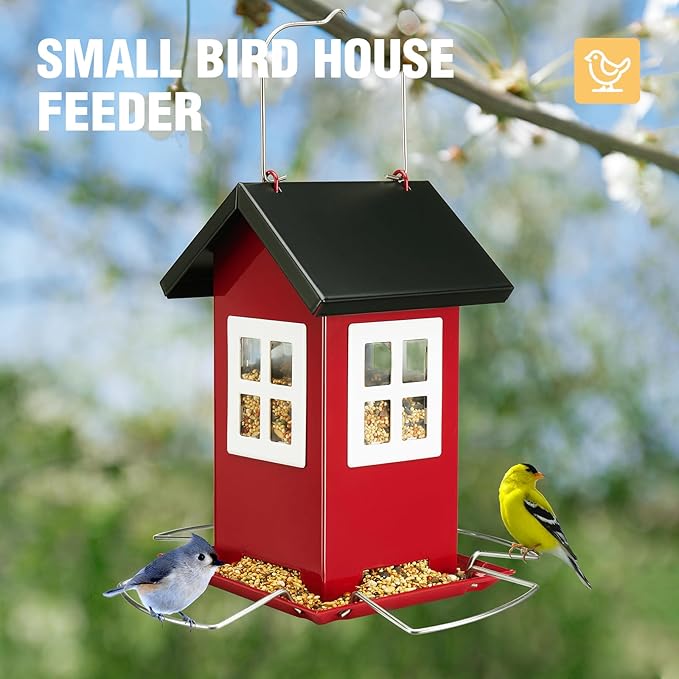 Veehoo Bird House Feeders for Outdoors Hanging-Metal Wild Bird House Feeders with 4 Ports, Country House Design, Garden Yard Decor Weatherproof Hanging Bird Feeder for Outside, Red