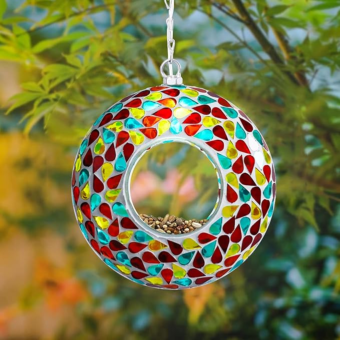 Yinns 9.5Inch Solar Mosaic Bird Feeder for Outside Hanging, Glass Birdfeeder with Round Shape Container, Bird Feeders Garden Decor