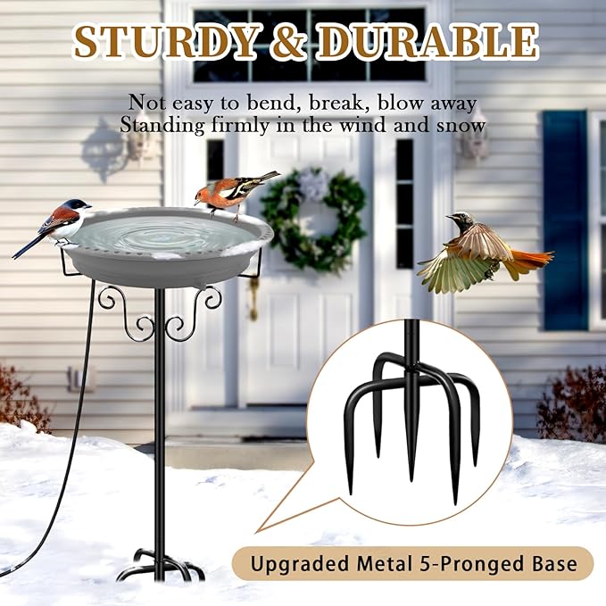 Lovppy Heated Bird Bath, 100W Thermostatically Controlled Heated Bird Baths for Outdoors Bird Bath Heater with Metal Stake, Heated Bird Bath for Outside Winter Garden Patio Yard Lawn (Gray)
