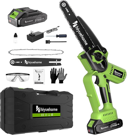 Mini Chainsaw 8inch, Chainsaw Cordless w Automatic Oiler, Handheld Electric Power Chain Saw w Security Lock, Brushless Motor,Chainsaws for Wood/Trees Trimming (Green - 1 battery, 8 INCH)