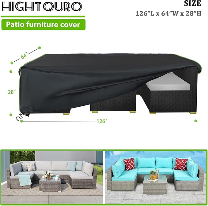 Patio Furniture Covers Waterproof, Heavy Duty 600D Outdoor Furniture Covers for Outside Sectional Sofa Set,Tear Resistance and Anti-UV,126"L x 64"W x 28"H, Black with Green Piping