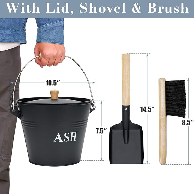 Mini Ash Bucket with Lid, Shovel and Broom, 1.5 Gallon Fireplace Metal Bucket with Lid, Charcoal Bucket and Ash Can for Fireplace, Fire Pits, Hearth, Wood Burning Stoves, Indoor and Outdoor