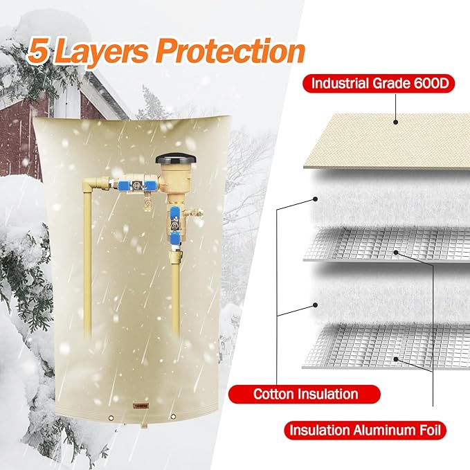 TOHONFOO Backflow Preventer Pipe Insulation Cover (5°F) - Irrigation Sprinkler Valve Insulated Pouch - Water Well Pump Cover - Sturdy 5 Layers for Winter Freeze Protection, 22" W x 34" H, Beige