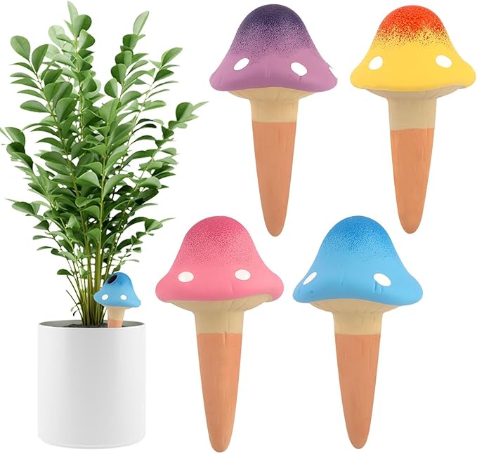 4Pcs Plant Watering Globes, Kalolary Self Watering Spikes Terracotta Drip Water Stakes Irrigation Watering Bulbs for Pot, Indoor, Outdoor, Vacation (Gradient Mushroom)