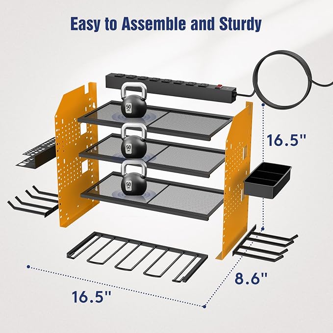 Heavy Duty Power Tool Organizer Wall Mount with Charging Station, 4 Layer Garage Storage Adjustable Shelves Height, Holds 4 Drills, 2 Hooks, Screw & Screwdriver box, Gifts for Fathers Day, Anniversary