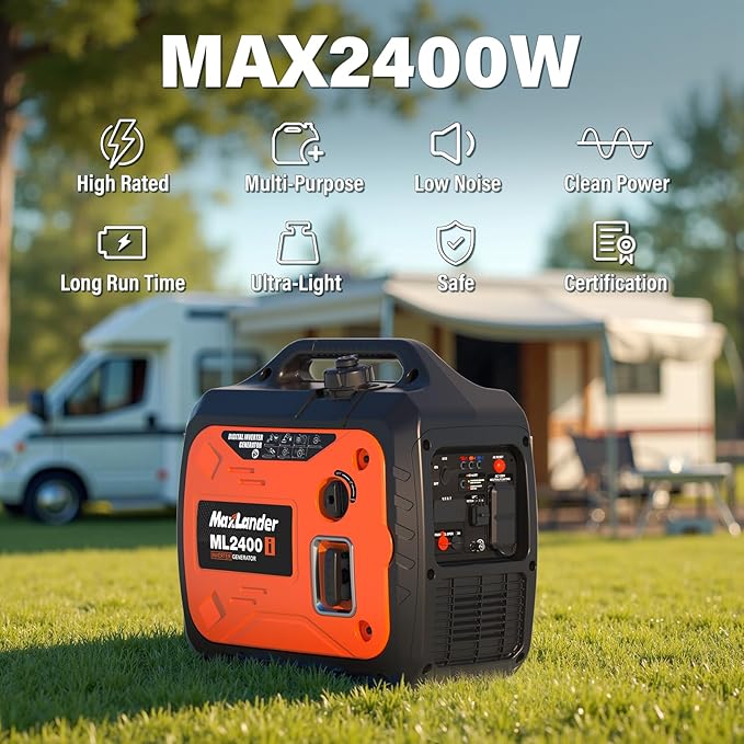 MAXLANDER 2400-Watt Portable Inverter Generators, 120V Quiet Outdoor Generator, Small Generator for Camping Outdoor Emergency Power Backup, Gas Powered Engine, ECO Mode, EPA Compliant