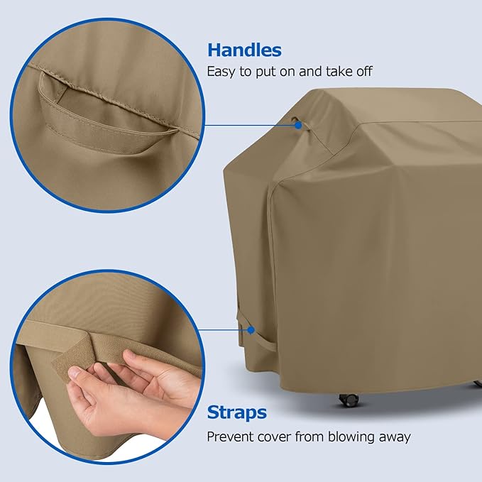 SunPatio Gas Grill Cover 60 Inch, Heavy Duty Waterproof Outdoor Barbecue Cover with Sealed Seam, FadeStop Material, All Weather Resistant Compatible for Weber CharBroil Nexgrill Grills and More, Taupe
