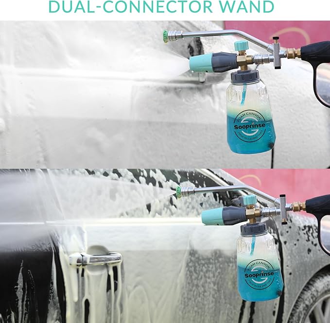 Sooprinse Pressure Washer Foam Cannon with Dual Connector Accessory, Power Washer Soap Cannon with Double Tip Attachment, 5 Power Washer Nozzle Tips, 1/4" Quick Connect, 4000 PSI
