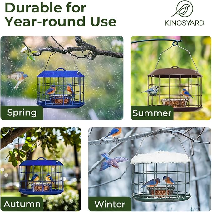 Kingsyard Bluebird Feeders for Outdoors Hanging, All Metal, Cage Bird Feeder with Tray, Squirrel Proof & Weatherproof, Easy to Refill & Clean (Brown)