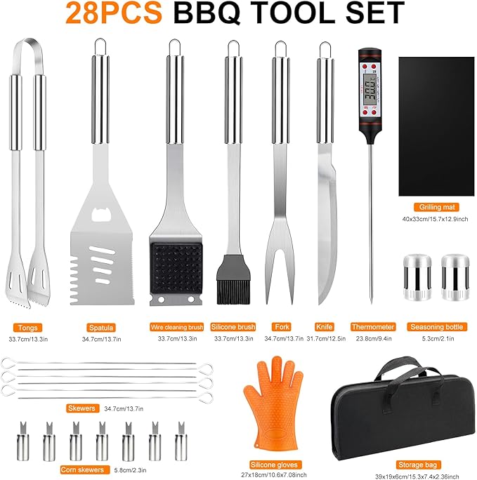 28PCS Stainless Steel BBQ Grill Accessories Set, Grilling Gifts for Men Birthday Father's Day, Portable Multifunction Grilling Utensils Tools Kit with Storage Bag for Outdoor Grill Camping BBQ Party