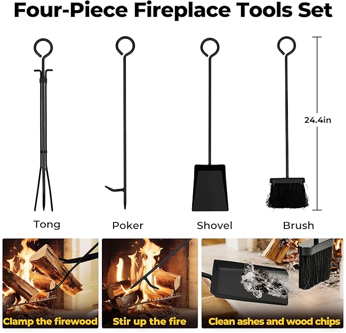 AMAGABELI GARDEN & HOME 30.7in Large Firewood Rack With Fireplace Tools Set Wrought Iron Indoor Outdoor Kindling Log Holder Heavy Duty Wide Wood Storage Log Rack Accessories Shovel Poker Tongs Broom