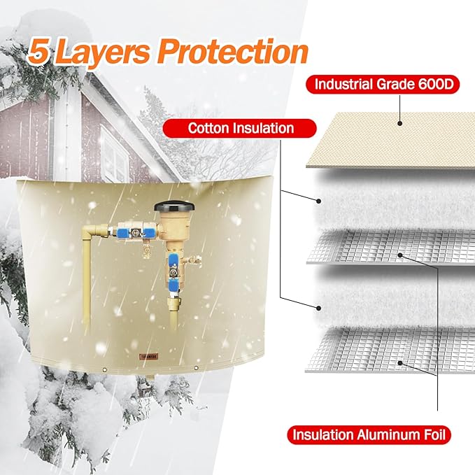 Backflow Preventer Pipe Insulation Cover (5°F) - Irrigation Sprinkler Valve Insulated Pouch - Water Well Pump Cover - Sturdy 5 Layers for Winter Freeze Protection, 40" W x 24" H, Beige