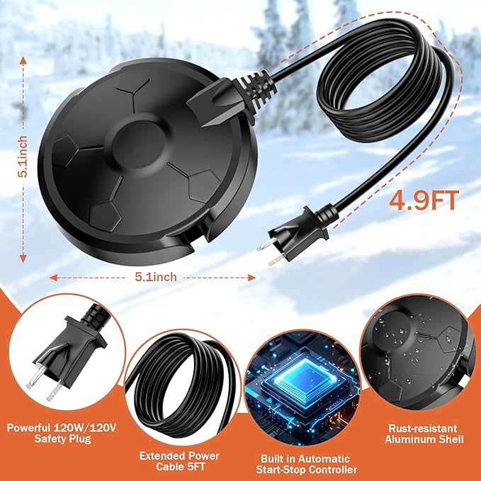 Daoeny Bird Bath Heater, 120W Bird Bath Heaters for Outdoors in Winter, Birdbath Water Heater Full-Covered Aluminum, Heated Bird Bath Pond Deicer Thermostatically Control for Patio Yard Farm (Black)