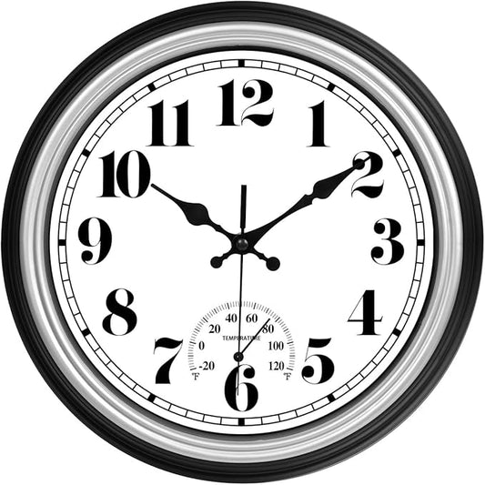 JENLYSTIME 12 Inch Indoor/Outdoor Retro Waterproof Wall Clock with Thermometer Silent Round Quartz Battery Operated Easy to Read Decorative for Kitchen Patio,Bathroom,Deck,Porch,Pool(Silver)