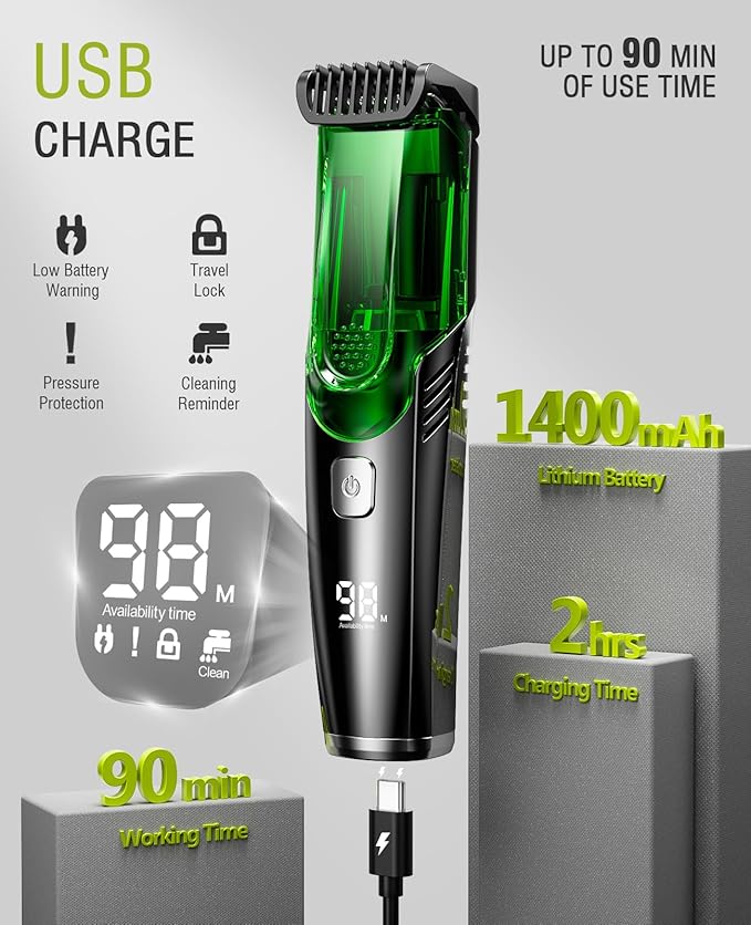 Beard Trimmer for Men: Vacuum Mustache Trimmer for Less Mess -IPX7 Waterproof- Rechargeable Electric Beard Cutting Kit with Adjustable Length Comb- Built-in Vacuum for Sideburns, Stubble