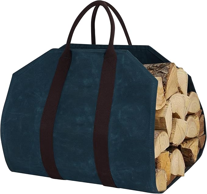 Sturdy Waxed Canvas Firewood Log Carrier, Durable Firepalce Wood Bag with Reinforce Duty Straps, BlueGreen