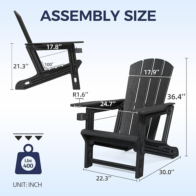 Adirondack Chair Set of 2, Plastic Adirondack Chairs, Outdoor Weather Resistant Lawn Furniture, Fire Pit Chair with Cup Holder for Garden Patio Without Screws Install, 400 LBS Capacity, Black