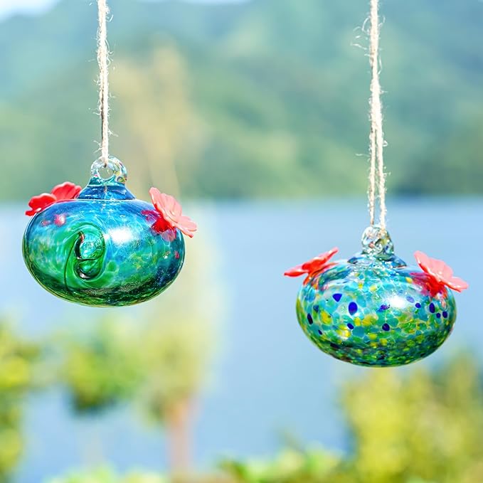 2pcs Small Glass Hummingbird Feeders for Outdoors Humming Bird Feeder with 2 Flower Feeding Ports for Window Garden Patio Decor Blown Glass Hummingbird Feeder for Outside