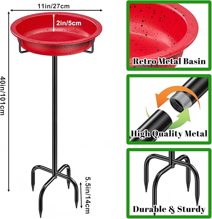 40In Metal Bird Bath for Outside, Freestanding Garden Birdbaths Bowl Bird Feeder, Detachable Decoration Spa Birdfeeder for Outdoor Garden Patio Yard Lawn (Red)
