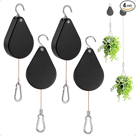 Retractable Plant Hanger - Upgrade Plant Pulleys for Hanging Plants, Easy to Raise and Lower, Suitable for Garden Flower Pots, Hanging Planter, Bird Feeder๏ผBlack, 4 PCS๏ผ