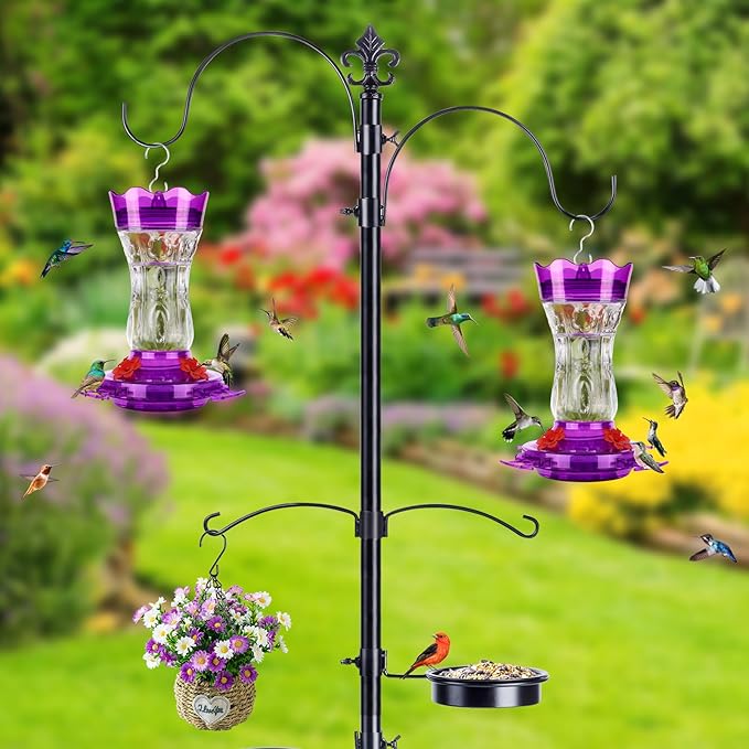 2 Pack Hummingbird Feeders for Outdoors, Built-in Ant Moat & Leakproof, XAROO Glass Hummingbird Feeder with 4 Bee Guard Feeding Ports, Outdoor Garden Décor, 15OZ, Purple