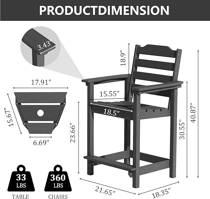 HDPE Tall Adirondack Chair Set of 4, Weather Resistant Balcony Chairs for Garden, Backyard, Poolside, Capacity 300 LBS(4 PCS, Black)