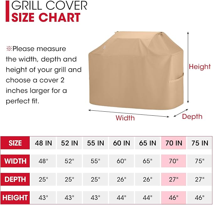 Unicook 70 Inch Grill Cover for Outdoor Grill, Heavy Duty Large BBQ Cover with Handles and Straps, Compatible with Weber Charbroil Nexgrill Kenmore Grills etc, All Weather Protection, Light Brown