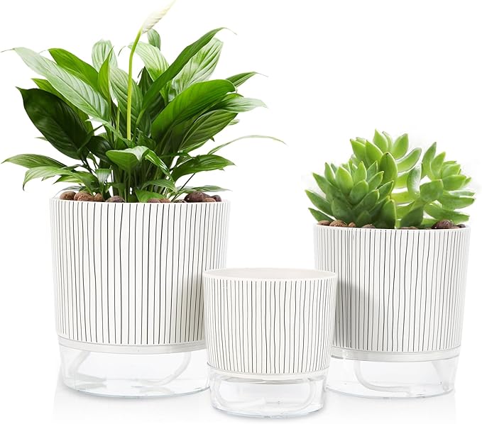 Self Watering Pots for Indoor Plants, 6 & 5 & 4 Inch Stylish Flower Pots, Set of 3 Modern Planters with Self-Watering Feature (Black Stripes)