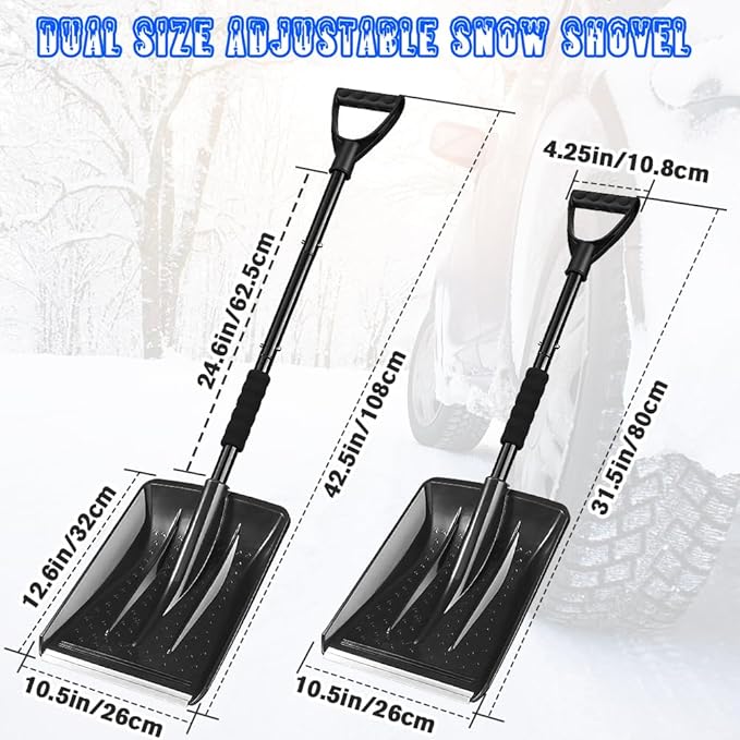 Snow Shovel, New Upgrade Snow Shovels for Car Driveway Snow Removal, Lightweight Portable Adjustable Large Capacity Shovel Perfect for Garden and Emergency(Black)