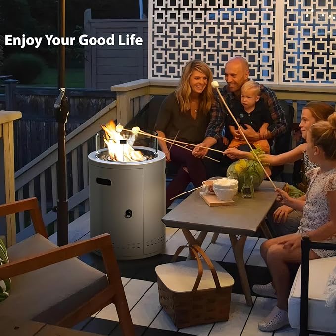 Fire Pit Propane Smokeless 20" Fire Pit Outdoor Patio Fireplaces,50000 BTU Portable Round Fire Pit with Lava Rocks Glass Wind Guard Protective Cover for Outside Camping Garden Balcony