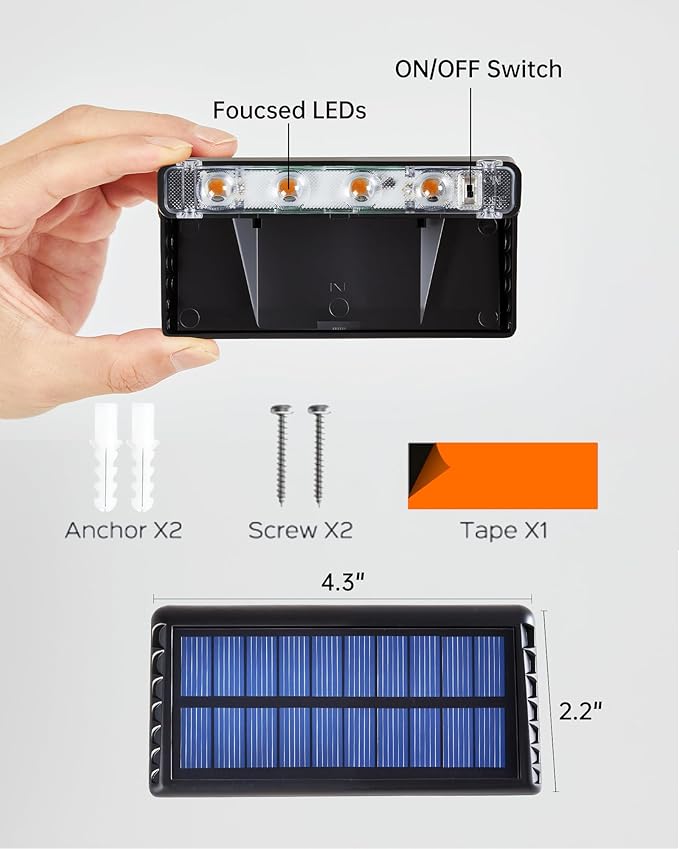 Solar Fence Lights Outdoor Waterproof LED,4LEDs Focus Lens Solar Wall Lights,Auto ON Off Warm White Outdoor Lights for Patio,Deck,Fence, Step,and Railing,Backyard Decor(4Pack)