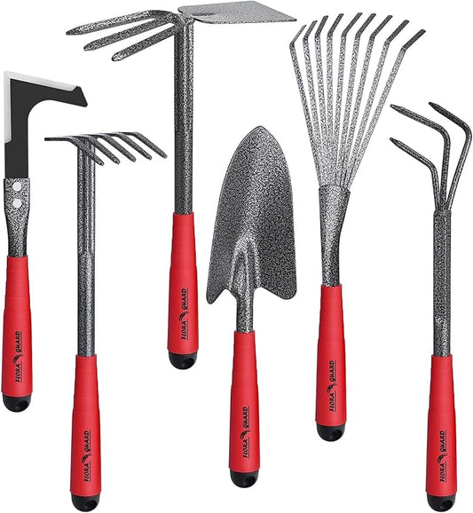 FLORA GUARD Garden Tool Set, 6 Piece Heavy Duty, Large Size Gardening Hand Tools, Sturdy & Durable, Classic Utility Gardening Gift for Seniors and Women