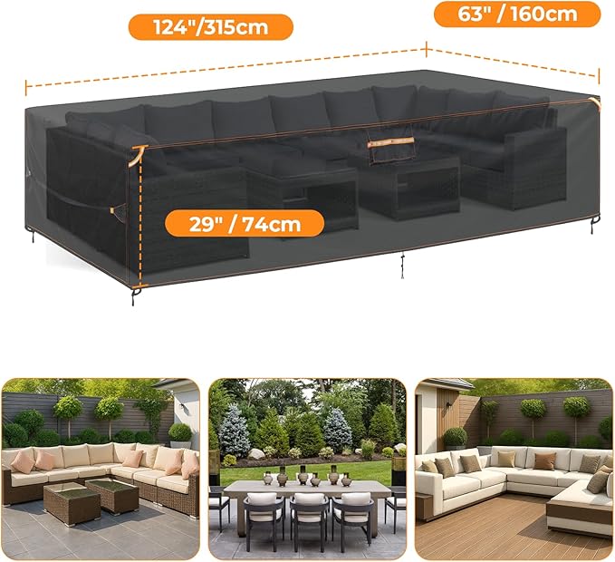 ESSORT Extra Large Weatherproof Outdoor Furniture Cover, Heavy Duty Waterproof Oxford Outdoor Dining Table Tarp Patio Set Cover with Vent for Outside Tables, Sofa, Chairs (Black, 124" x 63" x 29")