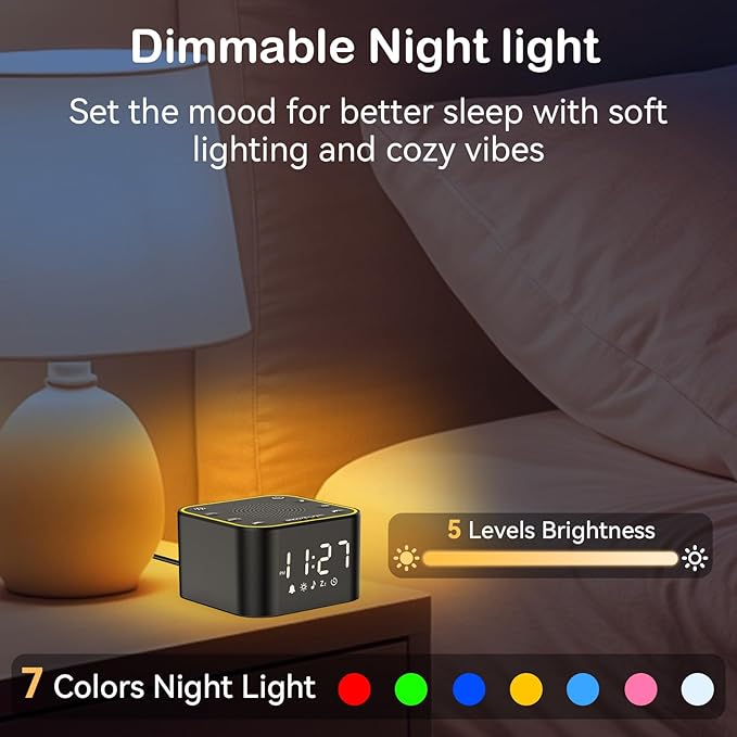 Sound Machine with Alarm Clcok: 30 Non-Looping Sleep Sounds - White Noise Alarm Clock for Natural Wake Up - Adjustable Volume & Light, Memory Function, Sleep Timer (Black)