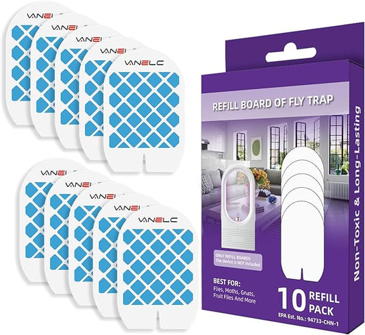 10 Pack Refills for Flying Insect Trap, Indoor Fly Trap for Moth, Gnat Killer Indoor, Bug Killer (Device Not Included) (Refill - 10 Double Sided Glue Cards)