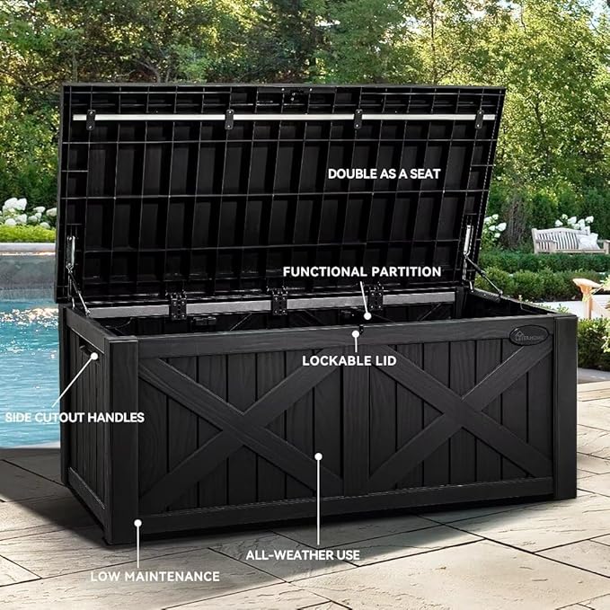 YITAHOME 120 Gallon Large Deck Box with X-Shaped Front, Resin Outdoor Storage Boxes, Waterproof Cushion Storage Bench for Patio, Pool Supplies, Garden Tools - Lockable, Black