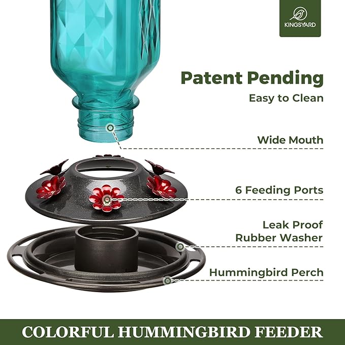 Kingsyard Glass Hummingbird Feeder for Outdoor Hanging, 24 Ounces, 6 Feeding Ports, Bird Nectar Feeder for Garden Décor, Ant Moat Included, Turquoise